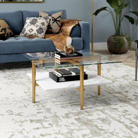HUDSON & CANAL 32 in. Otto Square Coffee Table with Faux Marble Shelf Brass CT1515